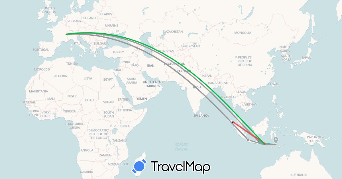 TravelMap itinerary: driving, bus, plane, hiking, boat in Switzerland, Indonesia (Asia, Europe)